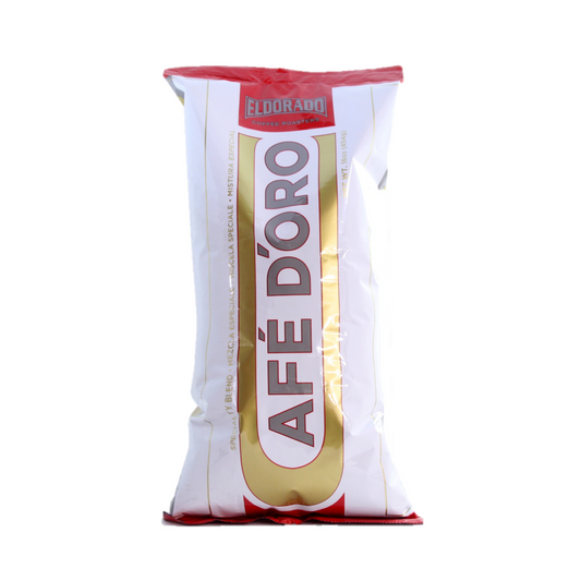 A sealed bag of El Dorado Coffee Roasters' Afè D'oro special blend coffee stands upright against a white background.
