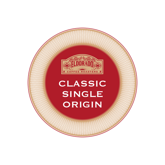 Eldorado Coffee Roasters Classic Single Origin coffee label on a circular textured background.