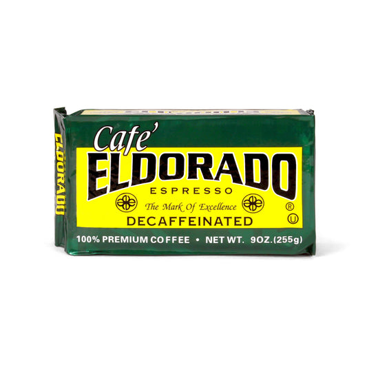 Green brick package of Cafe Eldorado decaffeinated espresso coffee.