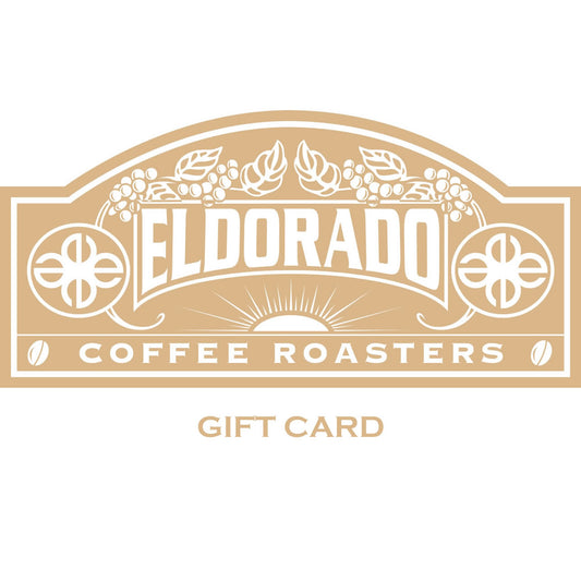 Eldorado Coffee Roasters gift card features a vintage design with coffee beans, sunrise, and ornate details.