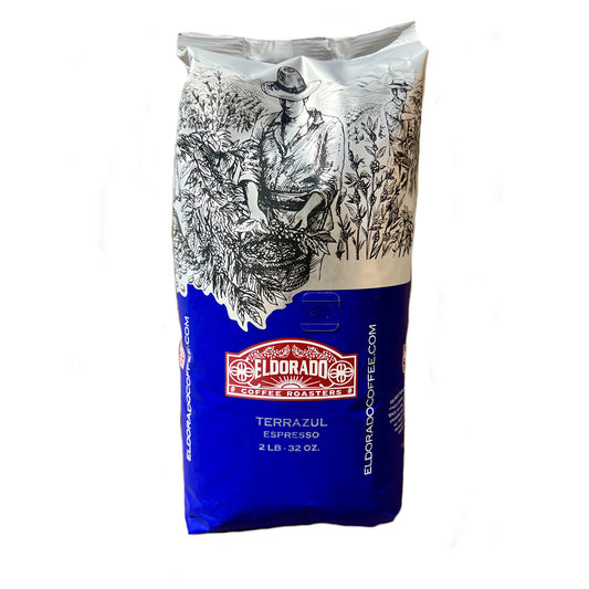 A 2lb bag of El Dorado Coffee Roasters' Terrazul Espresso stands upright, showcasing its vibrant blue packaging and a design of coffee farmers harvesting beans.