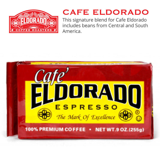 A red brick-style package of Cafe Eldorado Espresso coffee, featuring a yellow banner with the Cafe Eldorado logo and "The Mark of Excellence" inscription.