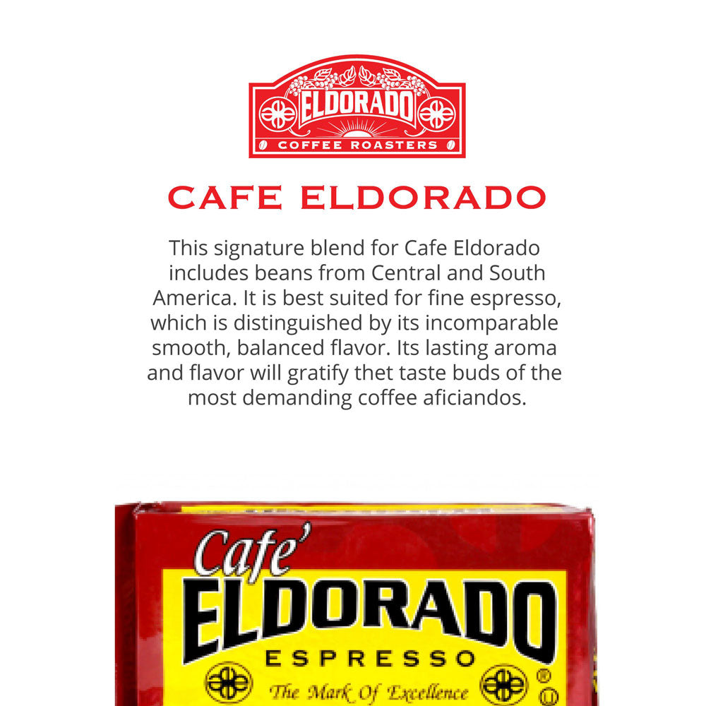 Red Cafe Eldorado Espresso box with gold accents advertises a smooth, balanced coffee blend perfect for brewing fine espresso.