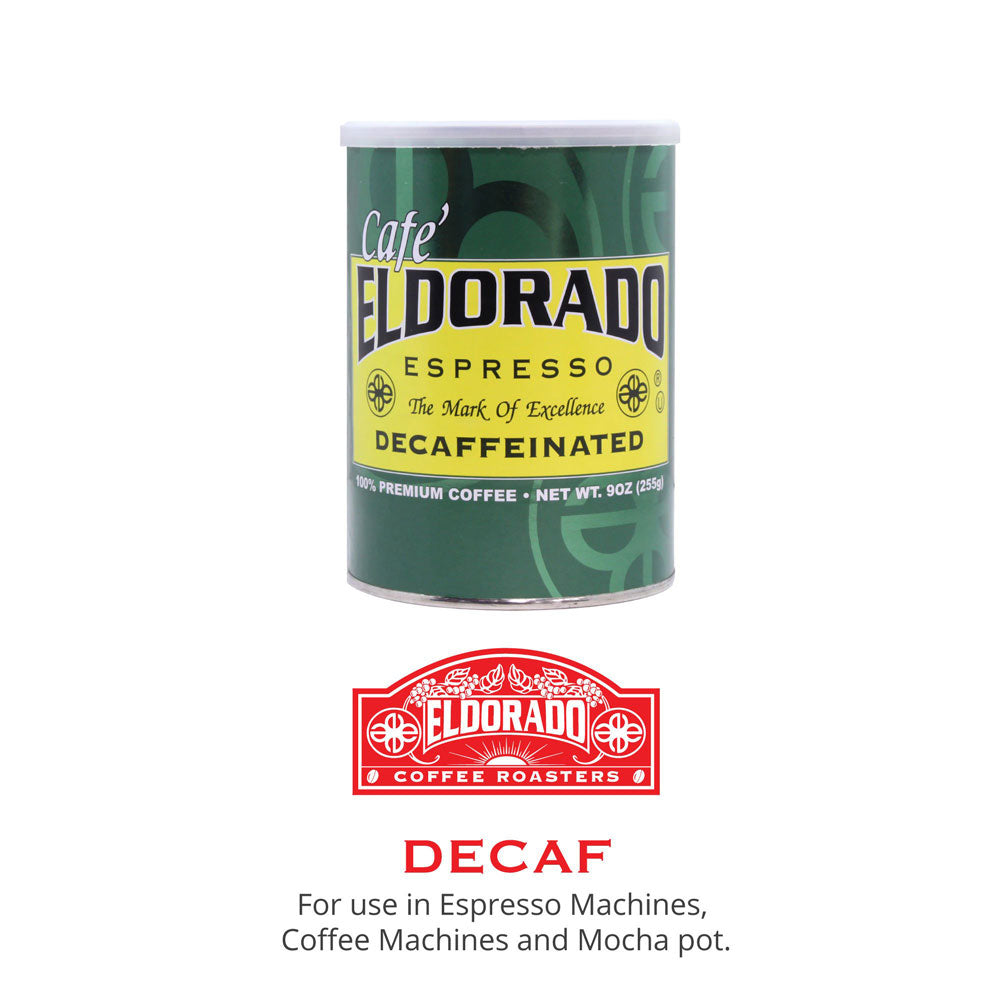 Green and yellow can of Cafe Eldorado decaffeinated espresso coffee.