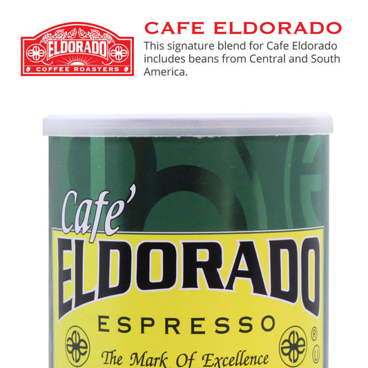 Green and yellow tin of Cafe Eldorado Espresso coffee.