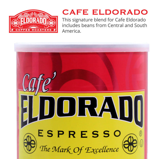 Red and yellow Cafe Eldorado Espresso coffee tin displays "The Mark of Excellence" slogan.