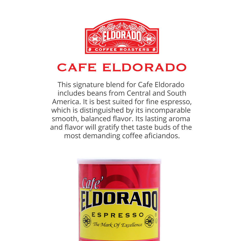 Red and white Cafe Eldorado Espresso coffee tin displays "The Mark of Excellence" slogan.