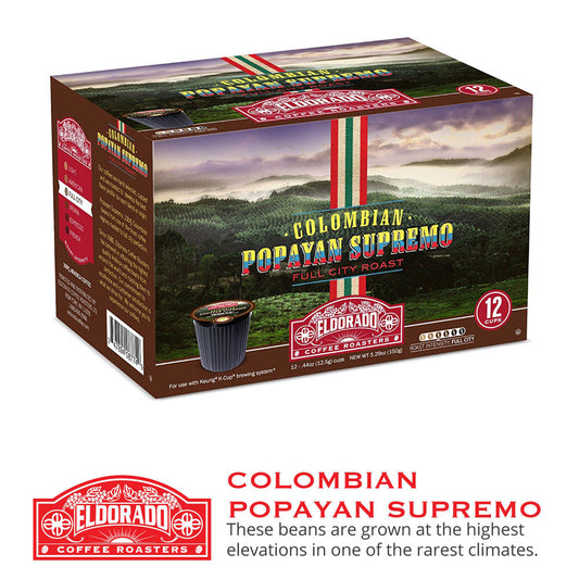 A 12-count box of Eldorado Coffee Roasters Colombian Popayan Supremo coffee pods sits on display, promising a full city roast flavor.