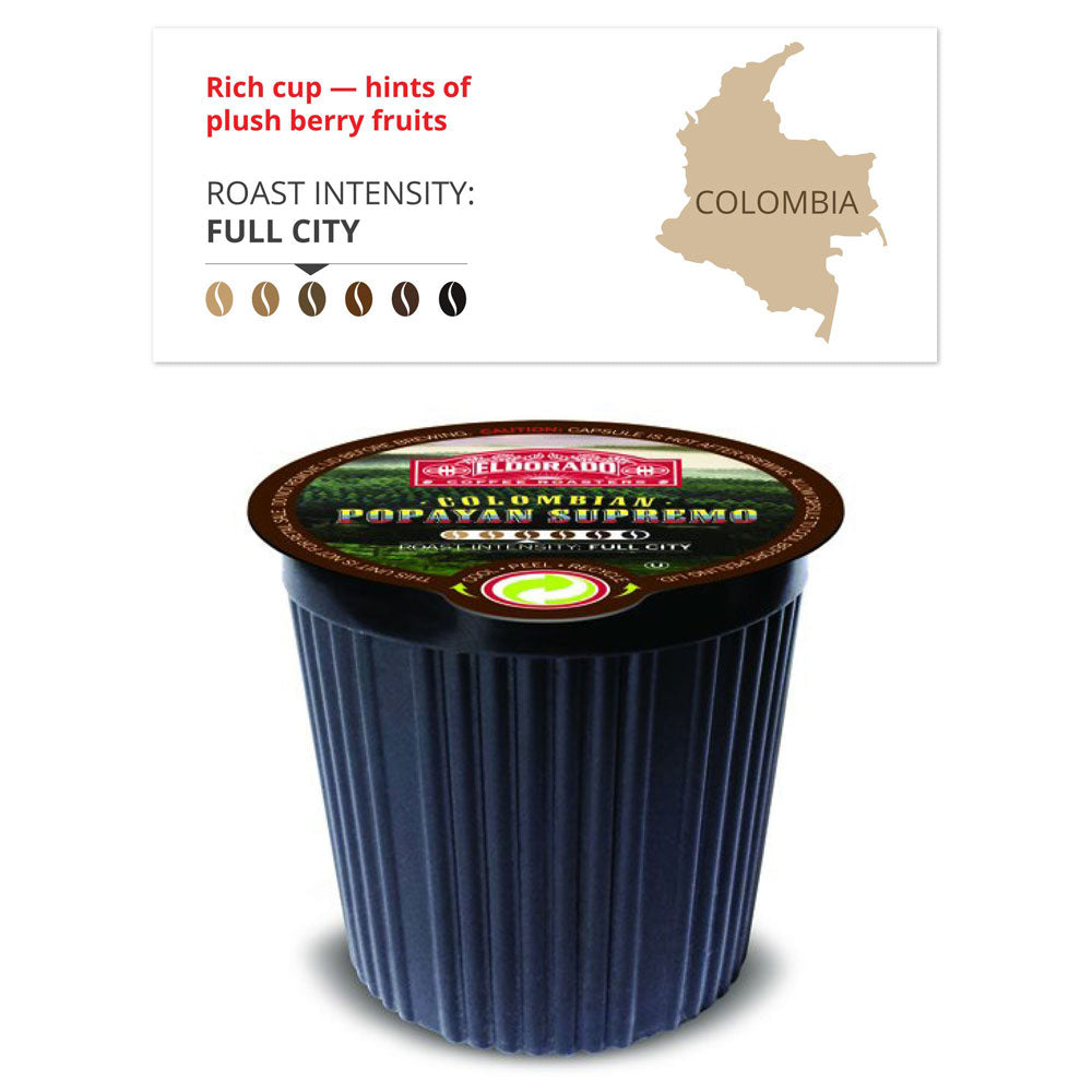 A single-serve, Colombian Popayan Supremo coffee pod displays a full-city roast intensity, promising a rich cup with hints of plush berry fruits.