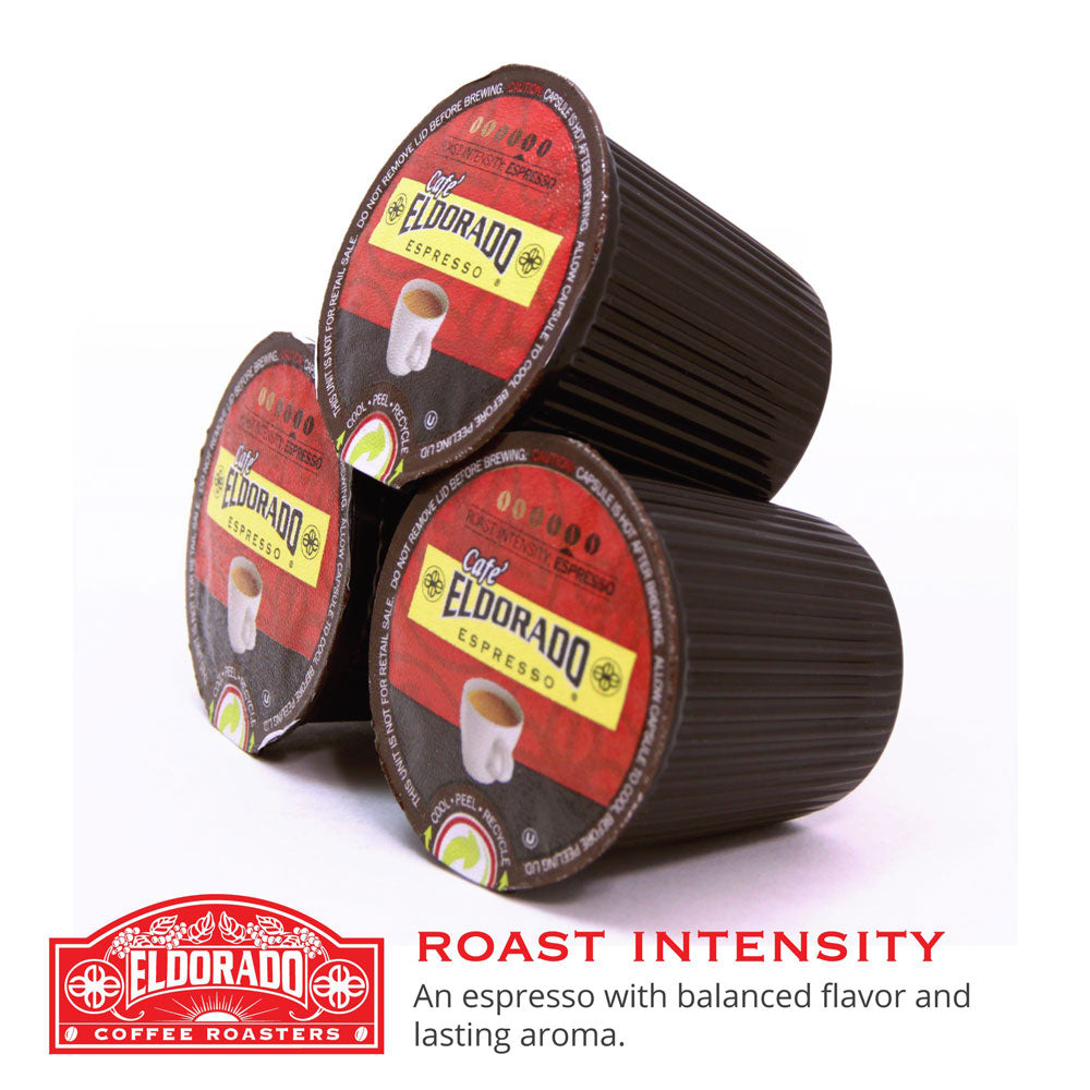 Three Eldorado Coffee Roasters espresso capsules stacked, showcasing the brand's roast intensity for a balanced flavor and lasting aroma.