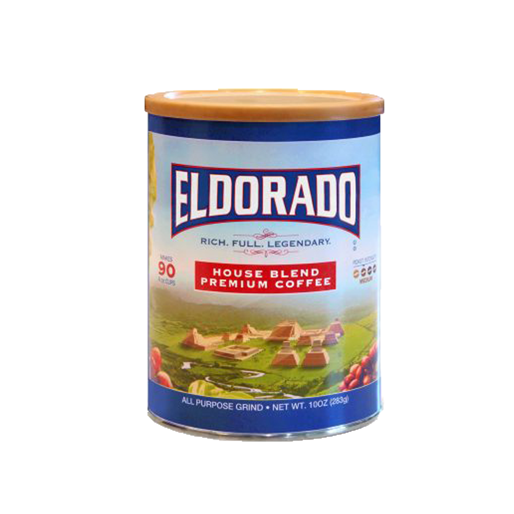 Blue and gold can of Eldorado House Blend premium coffee, all-purpose grind.