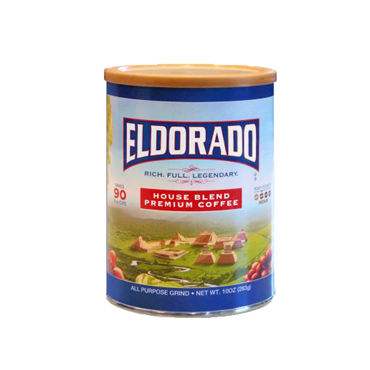 Blue and gold can of Eldorado House Blend premium coffee, all-purpose grind.