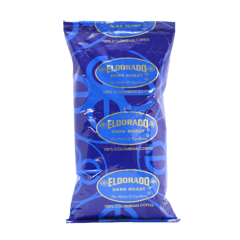 Blue bag of Eldorado brand 100% Colombian dark roast coffee.