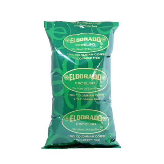Green foil bag of El Dorado Excelso 97% Caffeine Free Colombian coffee.