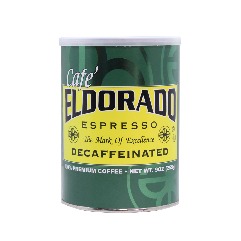 Green and yellow tin of Cafe Eldorado decaffeinated espresso coffee.