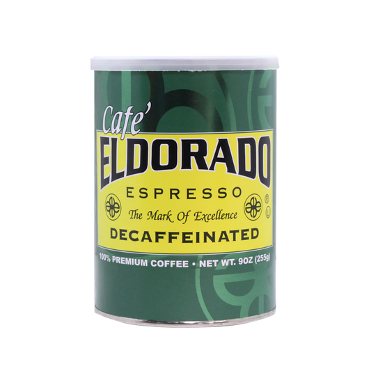 Green and yellow tin of Cafe Eldorado decaffeinated espresso coffee.