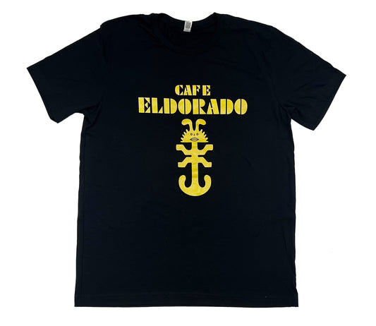 Black t-shirt featuring a bold yellow "Cafe Eldorado" logo with a stylized bird-like symbol.