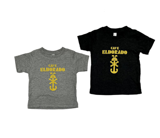 Two toddler t-shirts display the Cafe Eldorado logo, a gold stylized fish and anchor, on heather gray and black fabric.