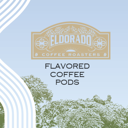 Eldorado Coffee Roasters presents Flavored Coffee Pods, showcasing a lush illustration of a coffee plantation.