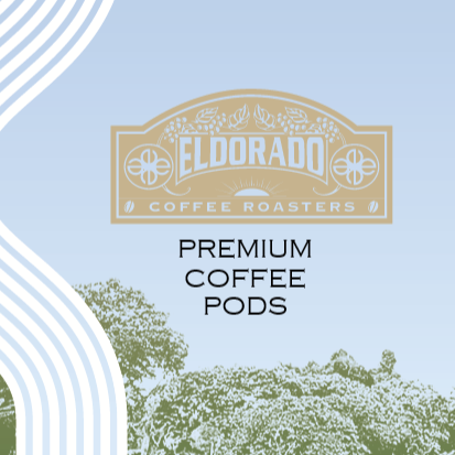 Eldorado Coffee Roasters logo above the words "Premium Coffee Pods" against a backdrop of a stylized coffee plantation.