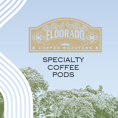 Eldorado Coffee Roasters logo sits above a lush green illustration of a coffee plantation, advertising their specialty coffee pods.