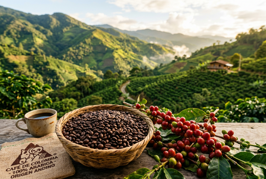 Coffee beans, coffee cherries and a cup overlooking green mountain fields