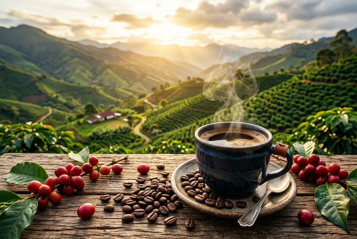 Coffee cup, roasted beans and cherries overlooking a mountain coffee landscape