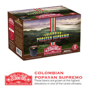 A 12-pack of Eldorado Coffee Roasters Colombian Popayan Supremo coffee pods sits on a table, showcasing the vibrant green and brown packaging. 
