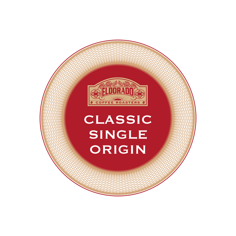 Eldorado Coffee Roasters Classic Single Origin coffee label on a textured red circle. 
