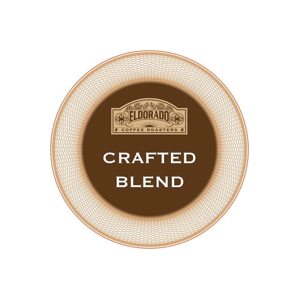 Eldorado Coffee Roasters Crafted Blend logo on a textured brown circle. 
