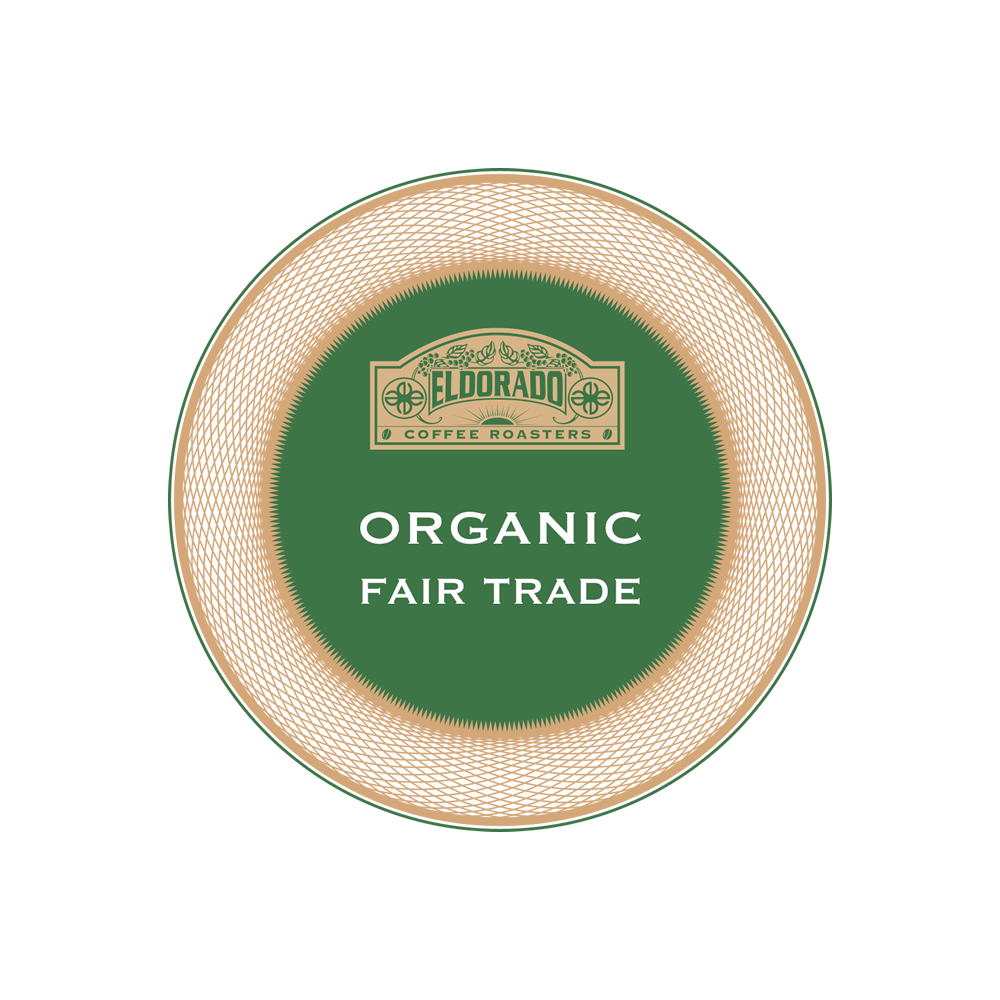 Eldorado Coffee Roasters organic and fair trade logo on a green circle with a textured border. 

