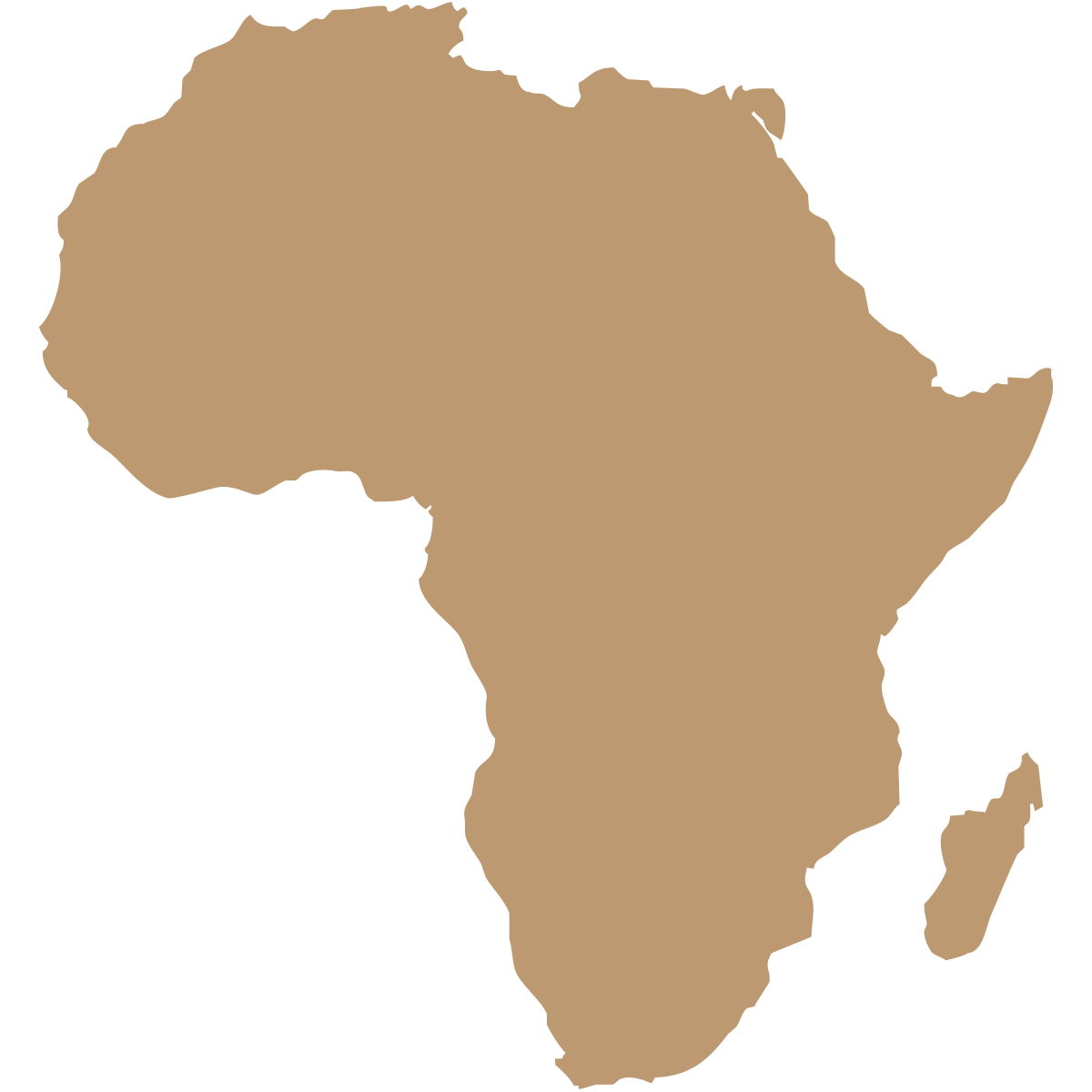 Solid tan silhouette of the African continent on a black background. 
