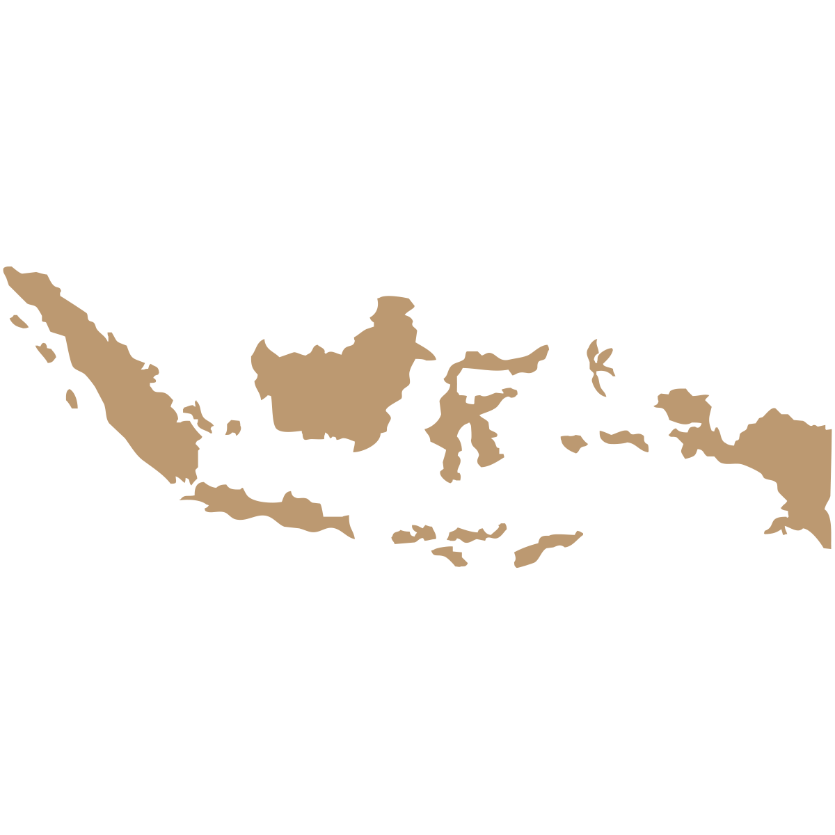 Tan silhouette map shows the island nation of Indonesia. 
