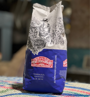 A 2lb bag of El Dorado Coffee Roasters Terrazul Espresso stands on a colorful rug. 
