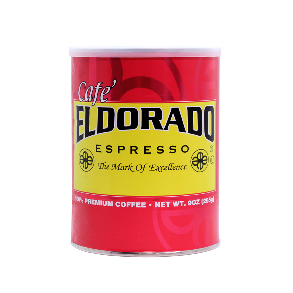 Red and yellow Cafe Eldorado Espresso coffee can against a white background. 
