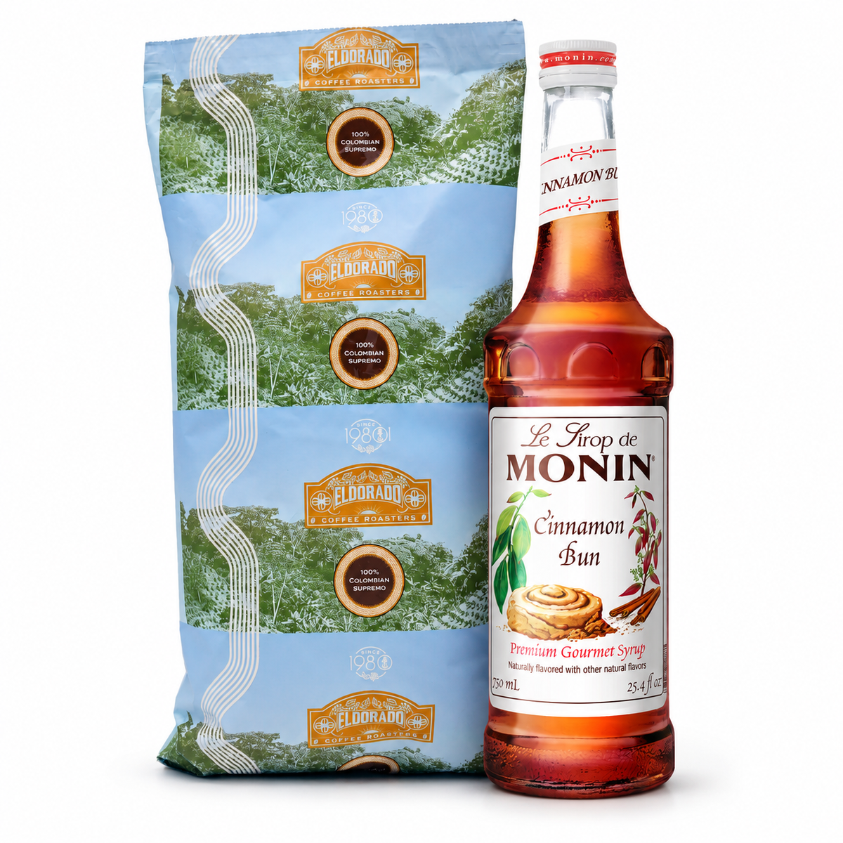 Eldorado Cinnamon Bun Coffee and Syrup Bundle with coffee bag and Monin bottle