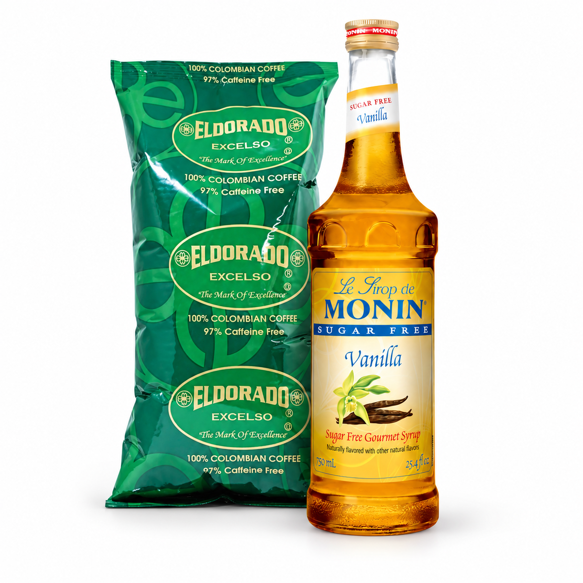 Eldorado Decaf Excelso & Sugar Free Vanilla Duo with 1 lb coffee and 750 mL Monin syrup