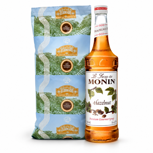 Eldorado Hazelnut Coffeehouse Duo: 1 lb Eldorado coffee with Monin Hazelnut Syrup 750 mL