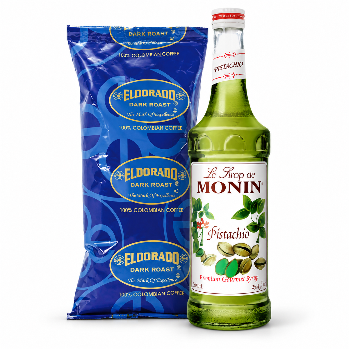 Eldorado Pistachio Latte Duo: 1 lb Eldorado coffee with Monin Pistachio Syrup 750 mL
