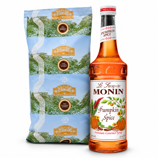 Eldorado Pumpkin Spice Coffee & Syrup Bundle with overlapping coffee bag and Monin bottle