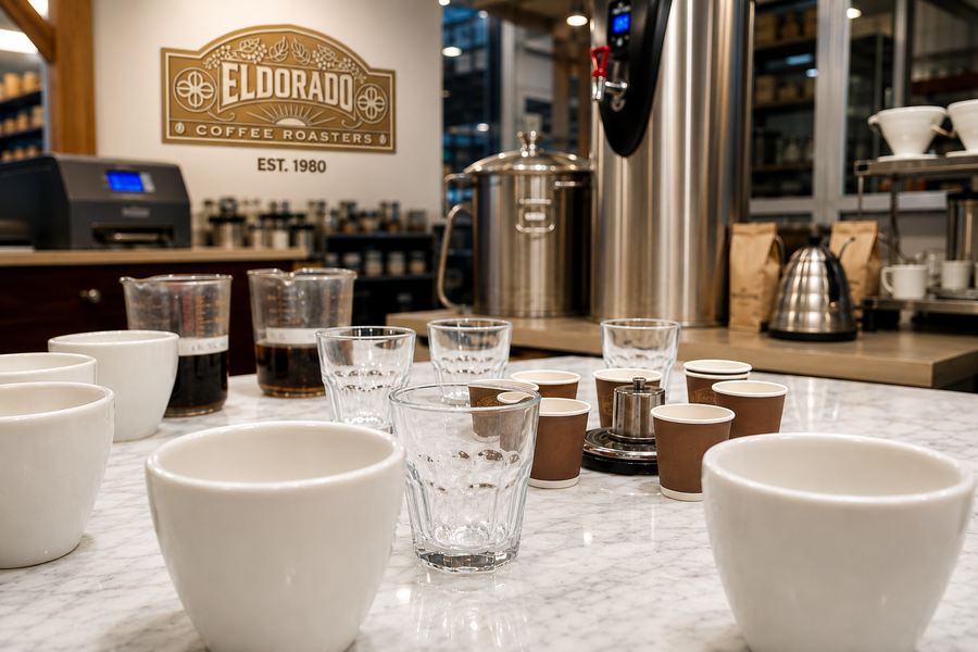 Coffee cupping and quality testing table at Eldorado Coffee Roasters