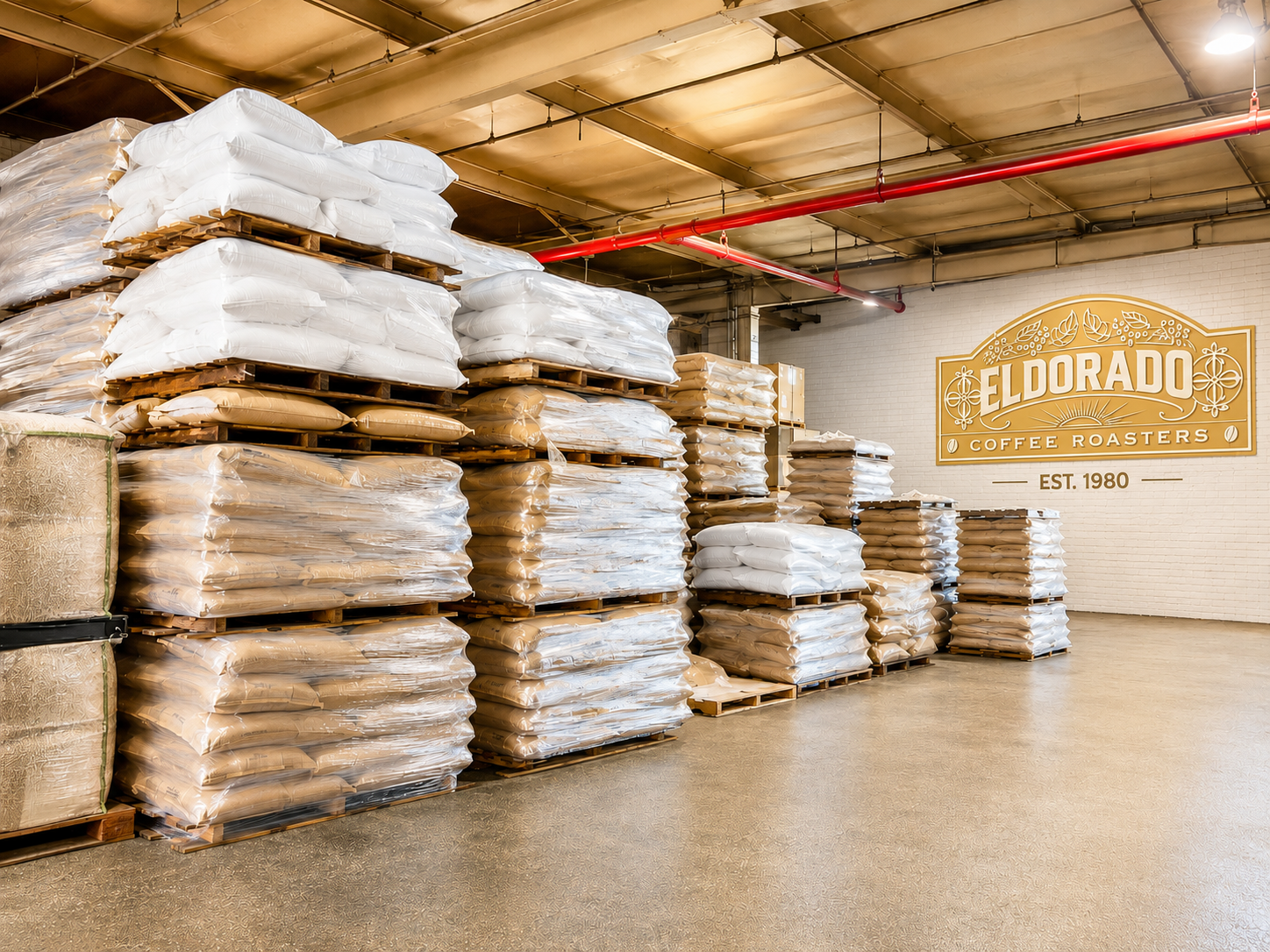 Coffee bags stacked inside Eldorado Coffee Roasters Queens New York facility