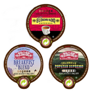 Three single-serve coffee pods by Cafe El Dorado, showcasing their Espresso, Breakfast Blend, and Colombian Popayan Supremo roasts. 
