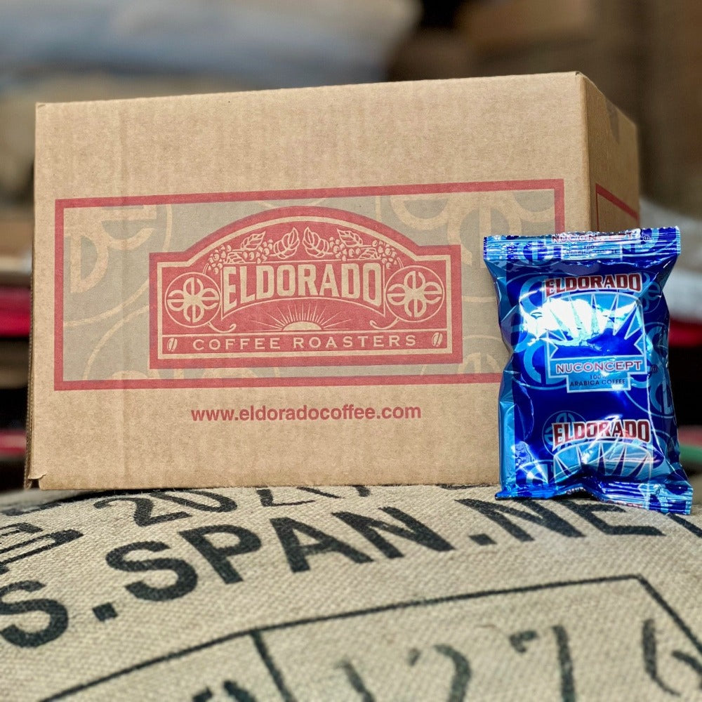 Eldorado Coffee Roasters shipping box displays its logo atop a burlap sack of coffee beans. 
