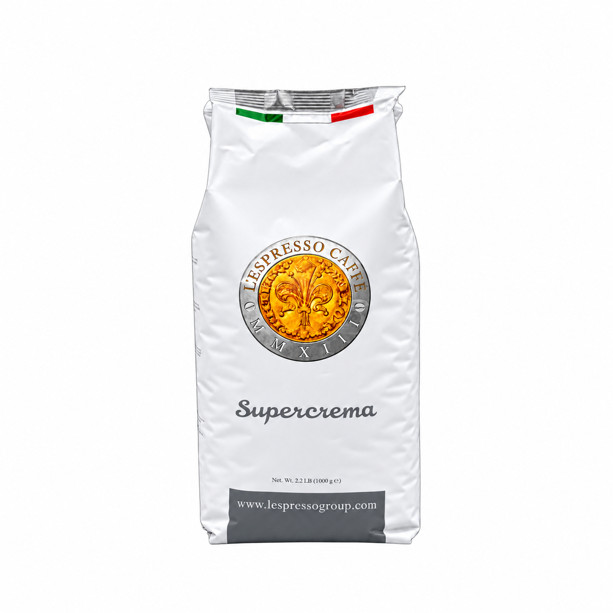 L’Espresso Supercrema whole bean coffee bag on white