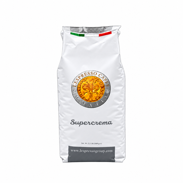 L’Espresso Supercrema whole bean coffee bag on white