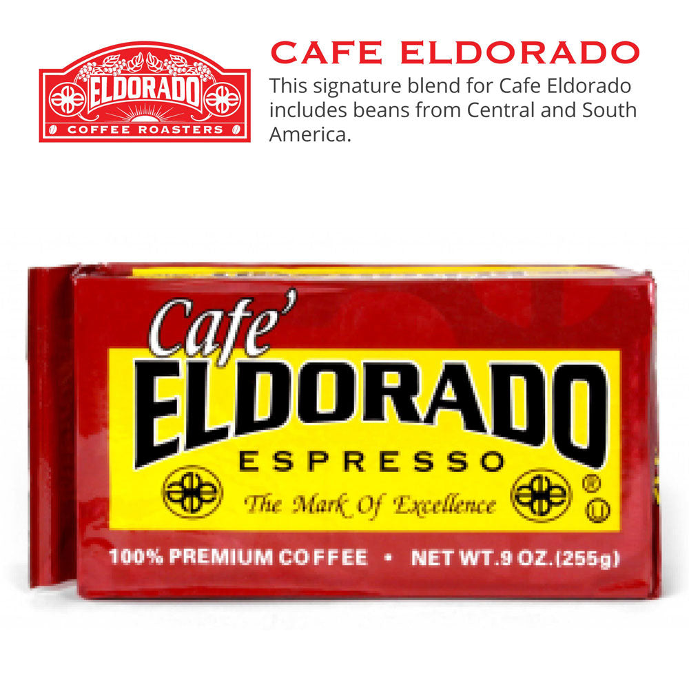 A red brick-style package of Cafe Eldorado Espresso coffee, featuring a yellow banner with the Cafe Eldorado logo and "The Mark of Excellence" inscription.  
