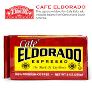 A red brick-style package of Cafe Eldorado Espresso coffee, featuring a yellow banner with the Cafe Eldorado logo and "The Mark of Excellence" inscription.  
