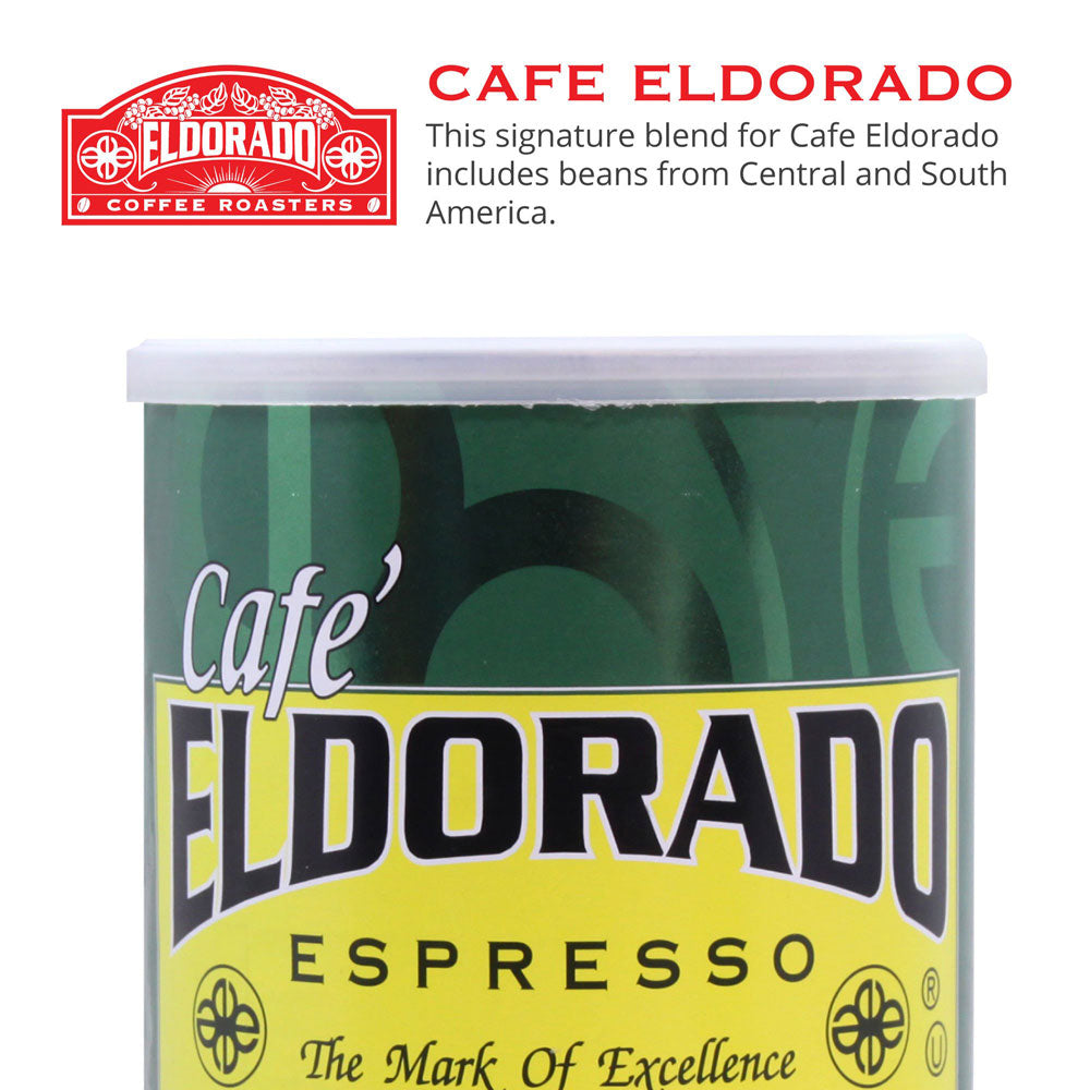 Green and yellow tin of Cafe Eldorado Espresso coffee. 

