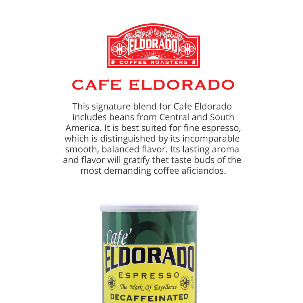 Green and gold labeled Cafe Eldorado decaffeinated espresso can sits against a white background. 
